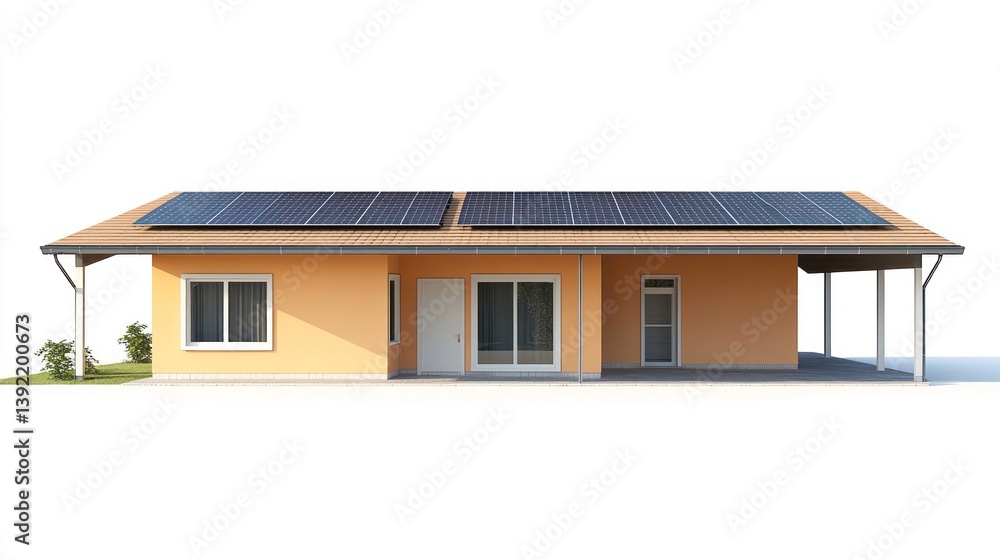 Modern home with solar panels, front view, illustration Modern home with solar panels, front view, illustration