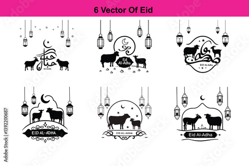 Eid Al-Adha Silhouette Greeting with Crescent Moon, Mosque, Eid alAdha Sheep Vector Illustration Art Collection