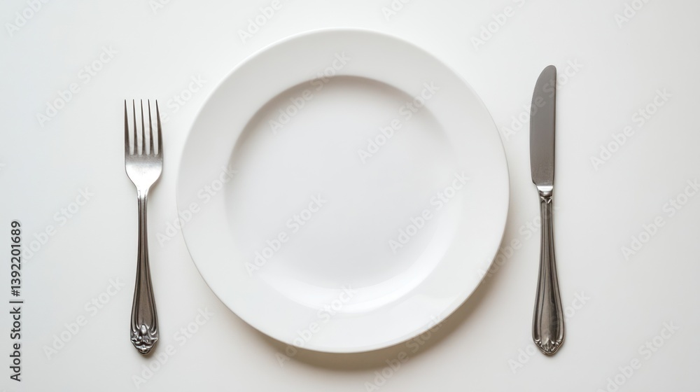 Empty plate, fork, knife on white background, ready for food, stock photo Empty plate, fork, knife on white background, ready for food, stock photo