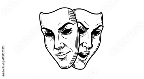Comedy tragedy masks vintage engraving style, black white, representing duality emotion theatre
