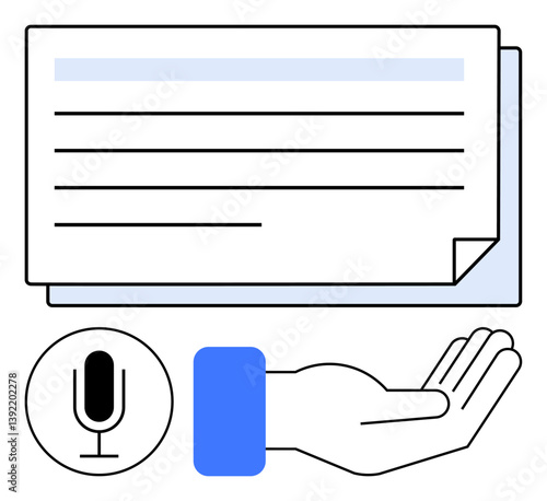 Open hand offering help next to microphone audio feature and digital notes. Ideal for productivity, assistance, usability, communication, innovation, technology, interface design, flat simple