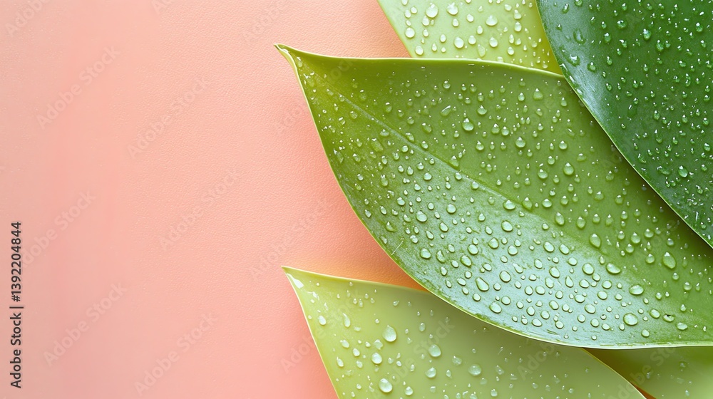 Obraz premium Close-up of fresh green leaves with water droplets.