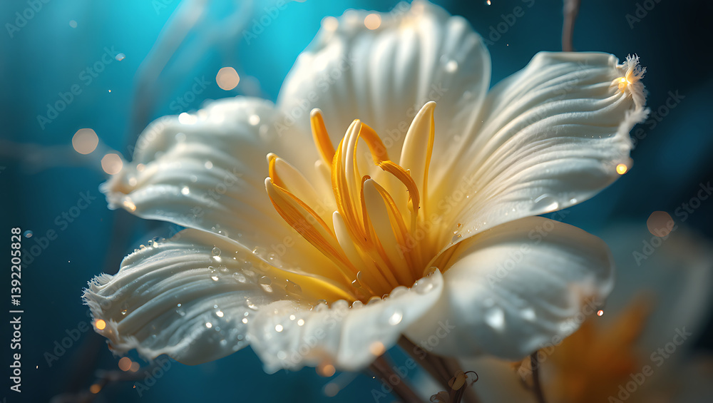 Fototapeta premium A close-up shot of a delicate white flower with yellow and orange stamen, glistening with water droplets against a blue background. 