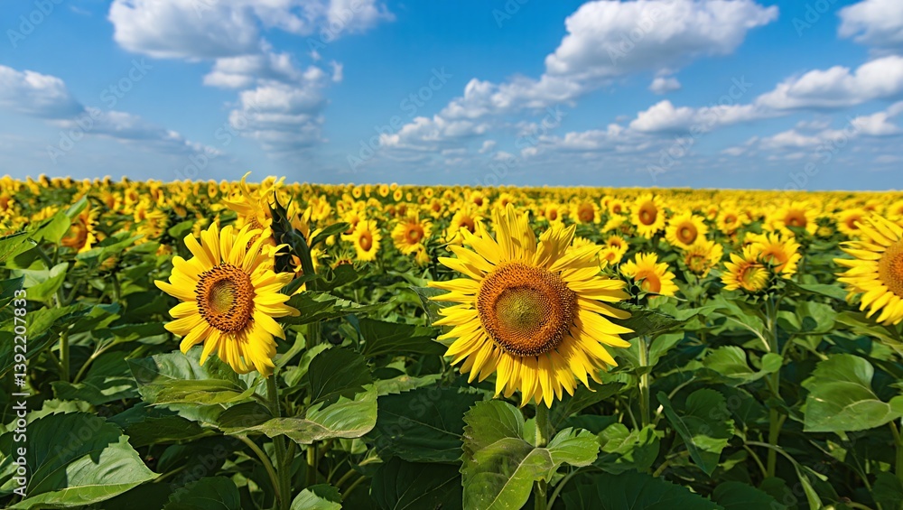 Obraz premium A beautiful field of sunflowers under a bright blue sky with fluffy clouds