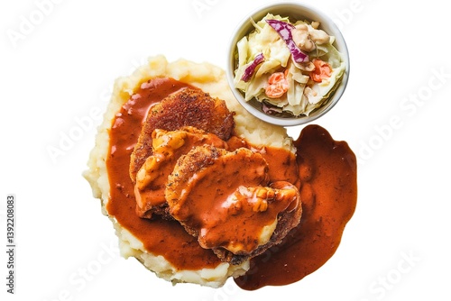 mashed potatoes topped with golden-brown cutlets
