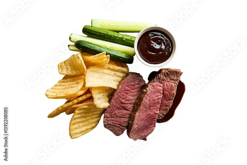 steak covered in barbecue sauce, a pile of French fries