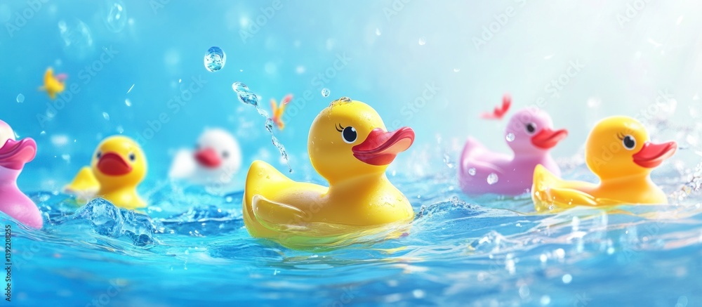Rubber Ducks Splashing in Blue Water: A Joyful Summer Scene Rubber Ducks Splashing in Blue Water: A Joyful Summer Scene
