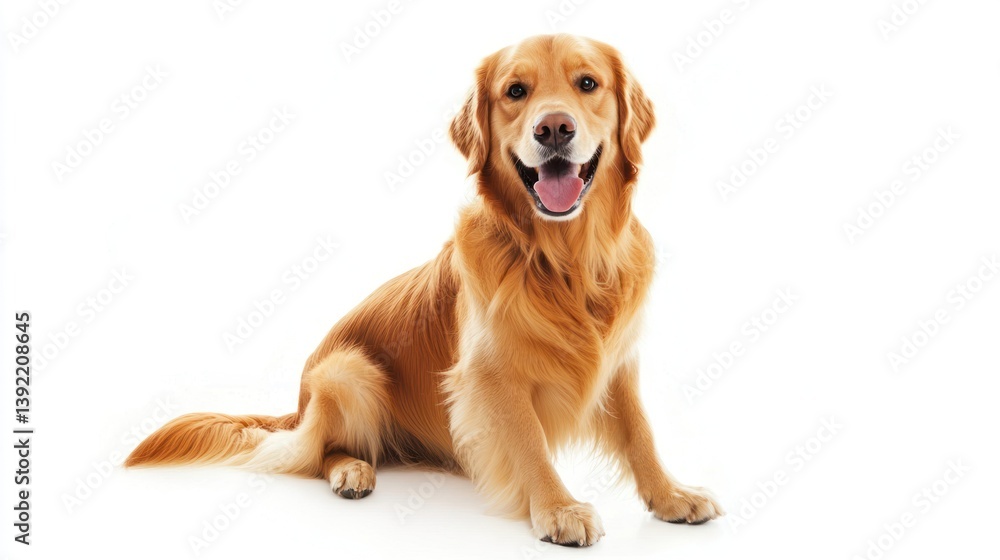 Happy Golden Retriever Sitting Against White Background. Possible Use Stock photo Happy Golden Retriever Sitting Against White Background. Possible Use Stock photo