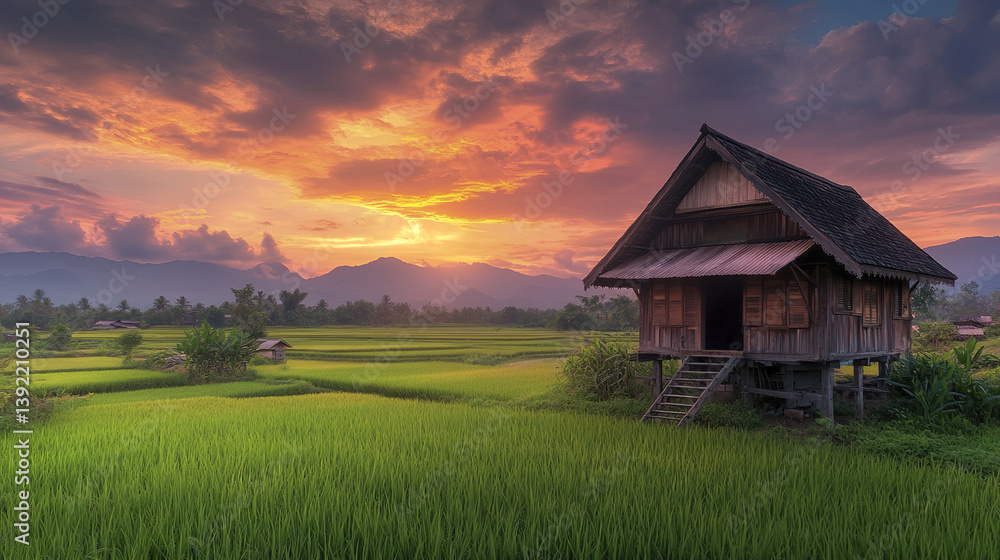 rustic Thai home with steep wooden roof overlooks lush rice fields at sunset rustic Thai home with steep wooden roof overlooks lush rice fields at sunset