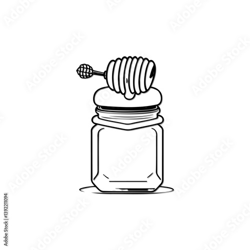 Stylized honey pot illustration with dipper for culinary or design projects