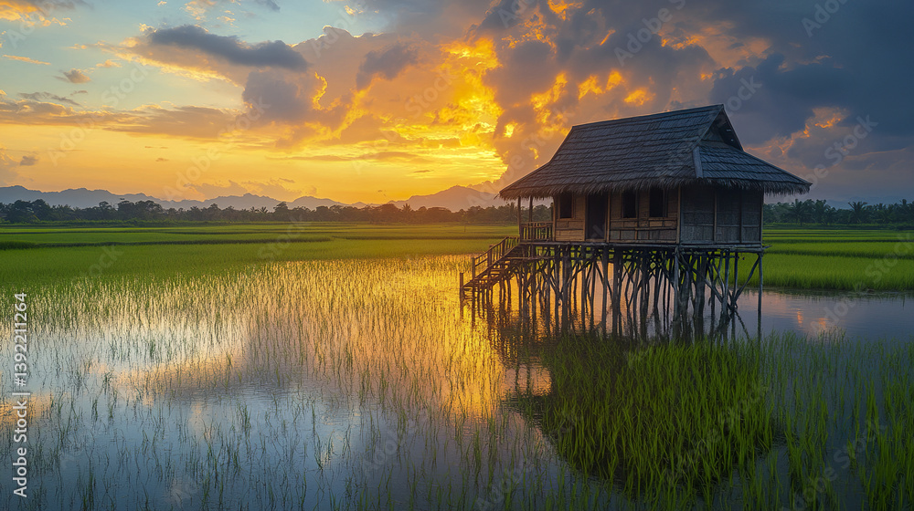 Fototapeta premium rustic Thai stilt house at sunset over serene rice field