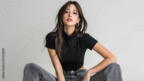 Minimalist editorial of a woman in clean-cut jeans and a black t-shirt, posing against a white backdrop, timeless fashion aesthetic, Ultra-Realistic, Photo Realistic, highly detailed, Fashion 