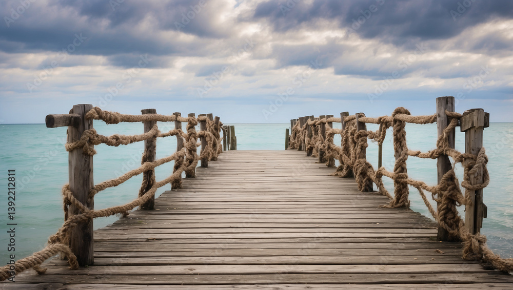 Obraz premium Picturesque Weathered Wooden Pier with Rope Railings Overlooking Calm Waters