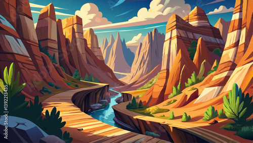 Canyon Adventure, Hiking trails winding through majestic canyon walls, capturing the spirit of exploration and adventure