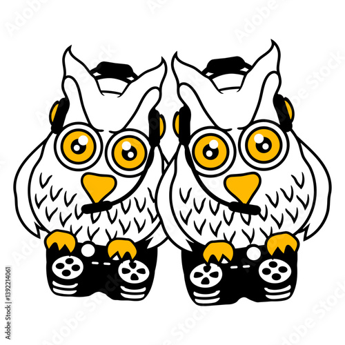 2 gamer owls video game friends two player gamepad Isolated Vector Graphic Design Illustration
