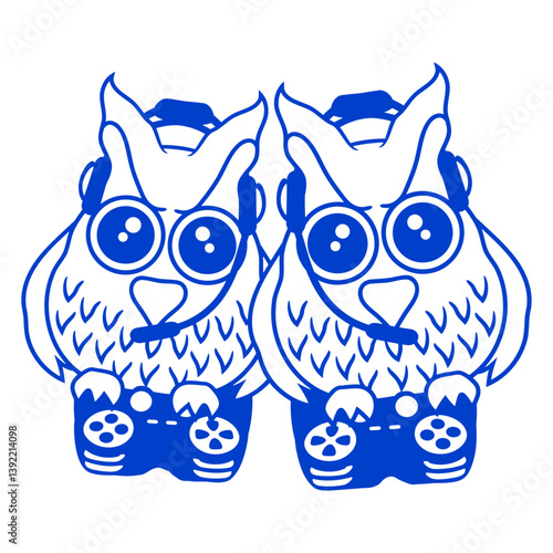 2 gamer owls video game friends two player gamepad Isolated Vector Graphic Design Illustration
