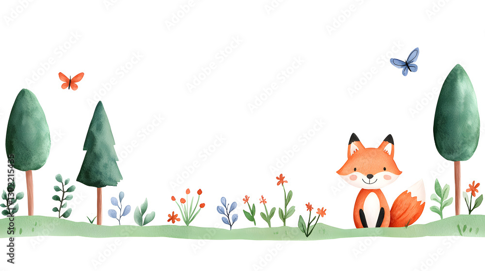 Fototapeta premium A watercolor cartoon frame with cute fox sitting on grass with copy space for text