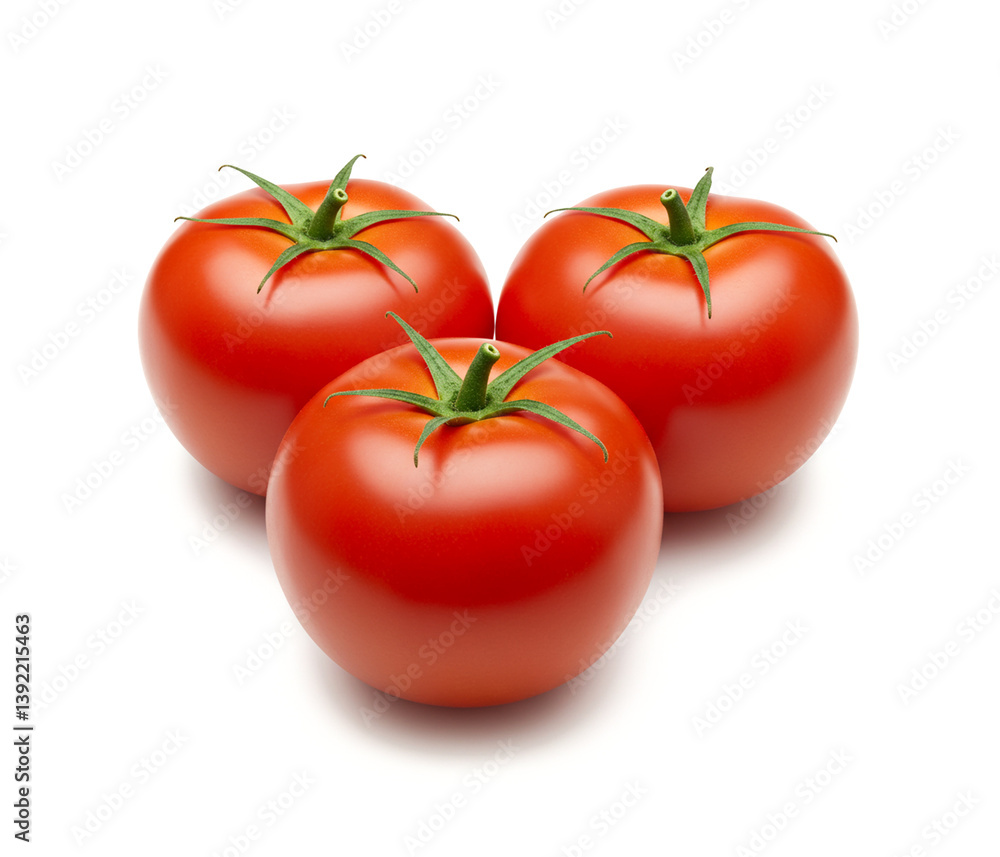 Fresh ripe tomatoes with green stems isolated on white background. Fresh ripe tomatoes with green stems isolated on white background.