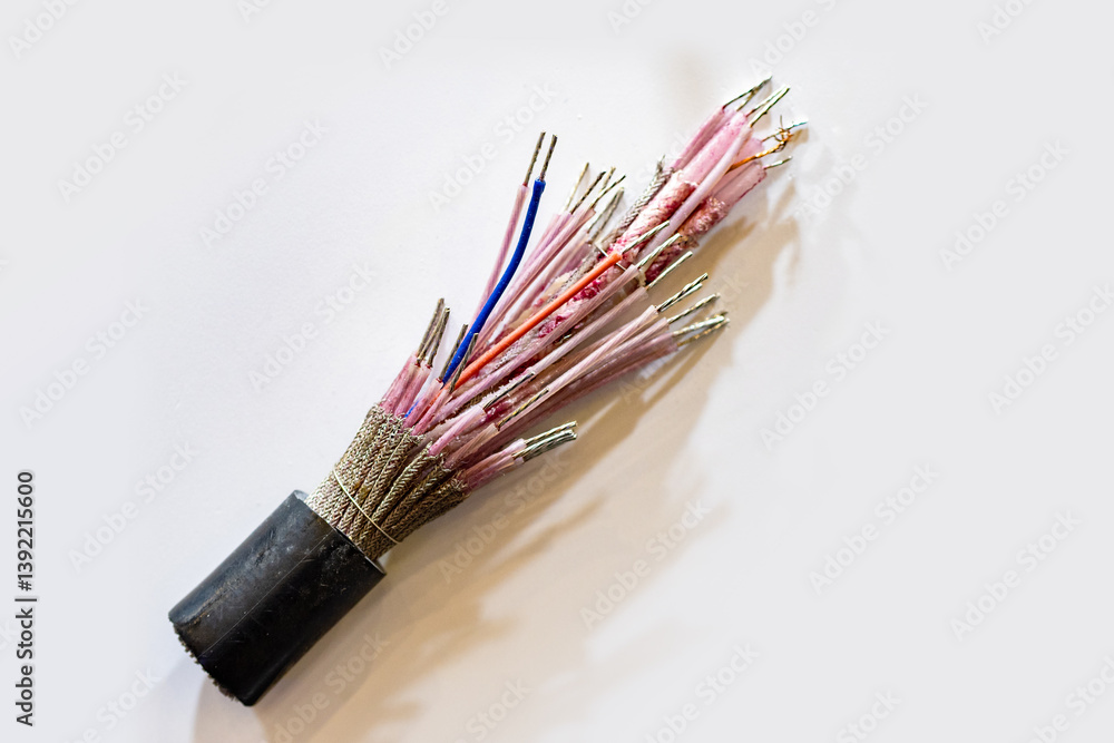 Fototapeta premium Communication cable showing internal cores. Large diameter electrical cord. Silicone cable for communication. Fragment of electric cord on white surface. Telephone cable with rubber insulation