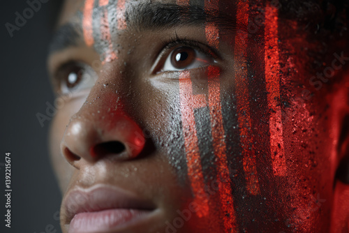 Modern portrait of a young person with an intense gaze, featuring vivid red and black abstract