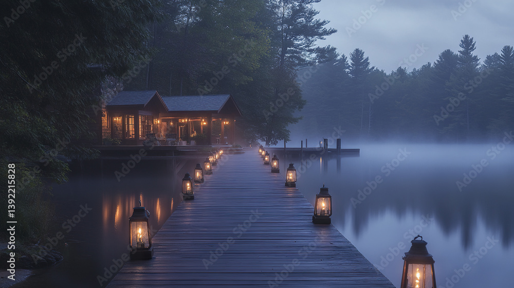 serene lakeside retreat with wooden dock and lanterns at dusk serene lakeside retreat with wooden dock and lanterns at dusk
