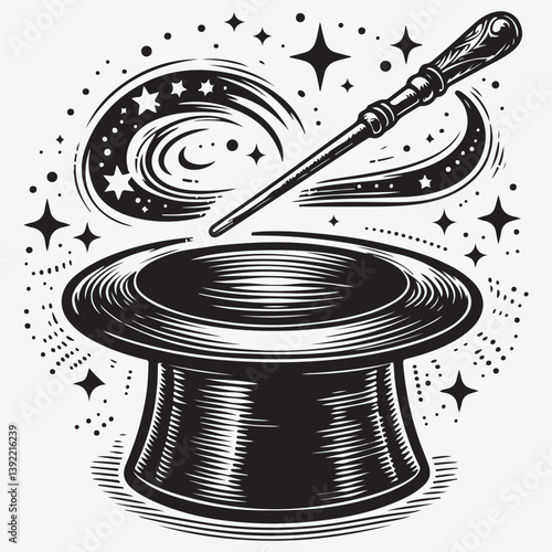 Magic hat and wand. Vector illustration. stock illustration