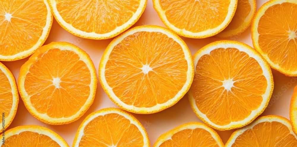 A vibrant display of freshly sliced oranges arranged artistically. showcasing their juicy texture and bright color. ideal for food photography or culinary projects A vibrant display of freshly sliced oranges arranged artistically. showcasing their juicy texture and bright color. ideal for food photography or culinary projects