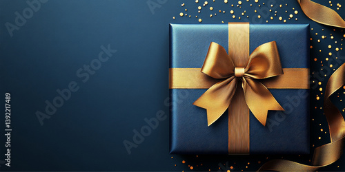 Elegant gift box with gold ribbon bow and golden conetti on blue background, top view, copy space. Luxury Background for Greeting Card for Birthday, Anniversary, Fathers Day, Christmas, New Year