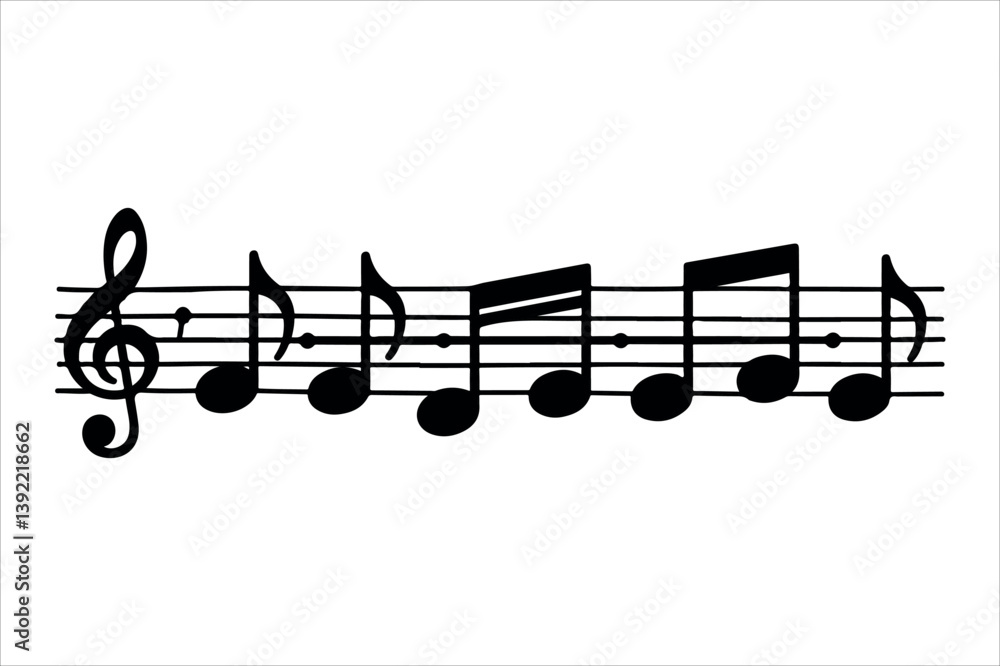 Melodious musical notes illustration on a white sheet, a vector design element featuring treble and bass clef symbols Melodious musical notes illustration on a white sheet, a vector design element featuring treble and bass clef symbols