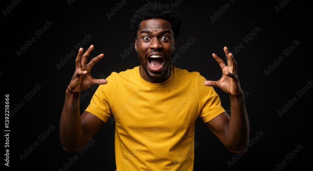 Naklejka premium Excited man in yellow shirt screams.
