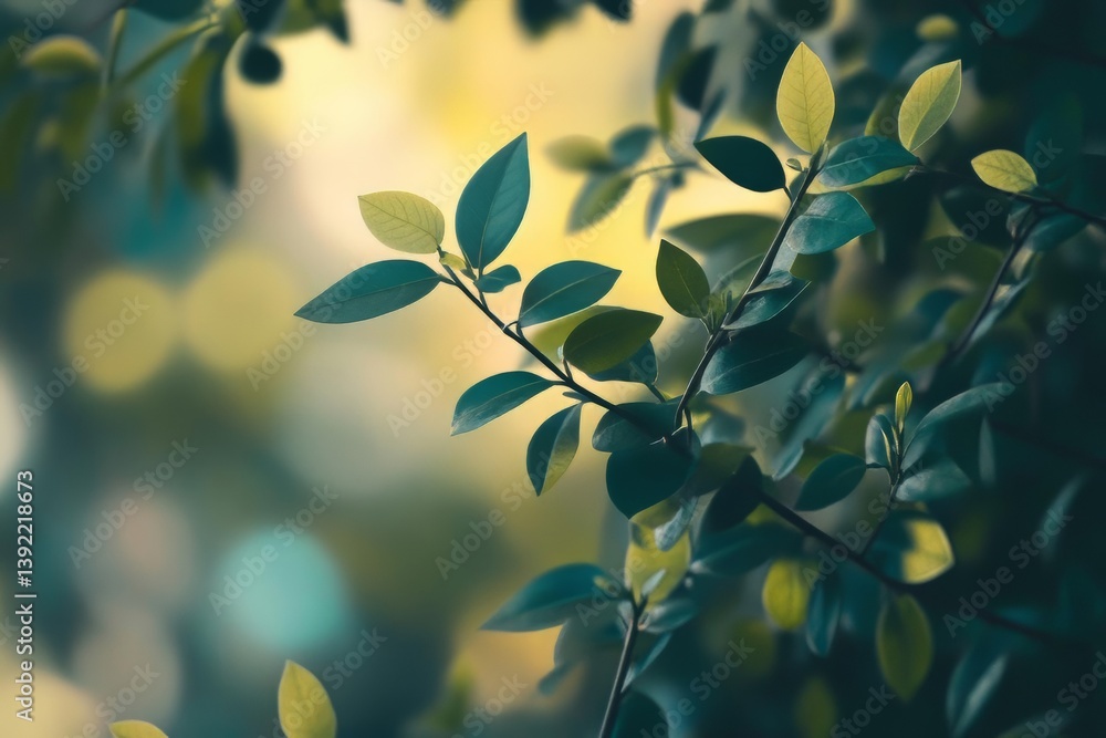 Obraz premium Nature's Palette: Green Leaves, Branches, Sunlight, and Bokeh Background