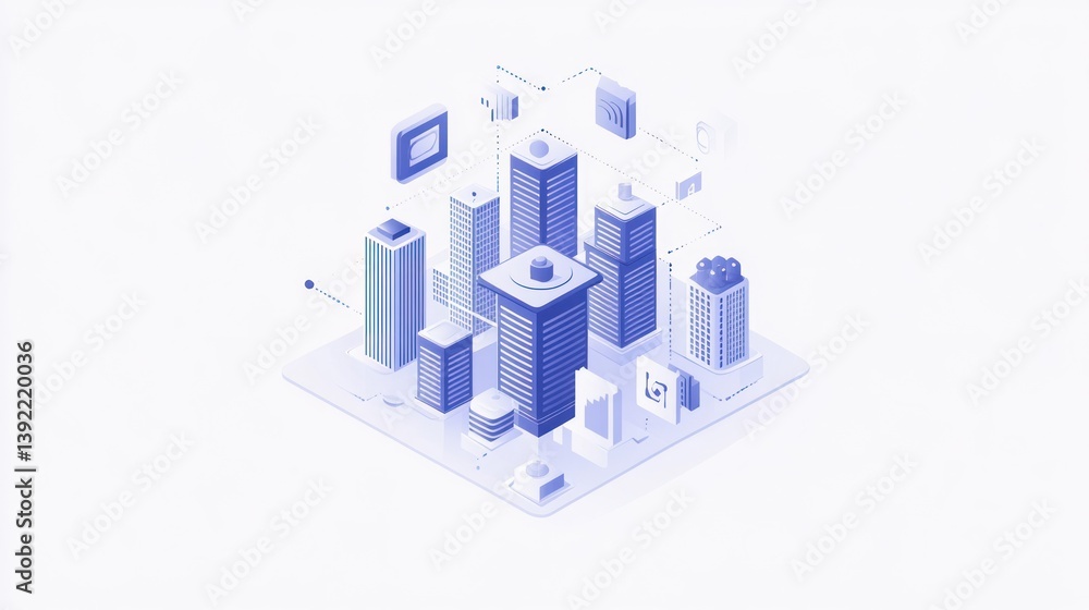 Isometric city digital illustration, interconnected buildings, technology Isometric city digital illustration, interconnected buildings, technology