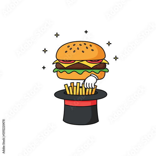 Burger and fries appearing magically from a hat in playful flat vector art