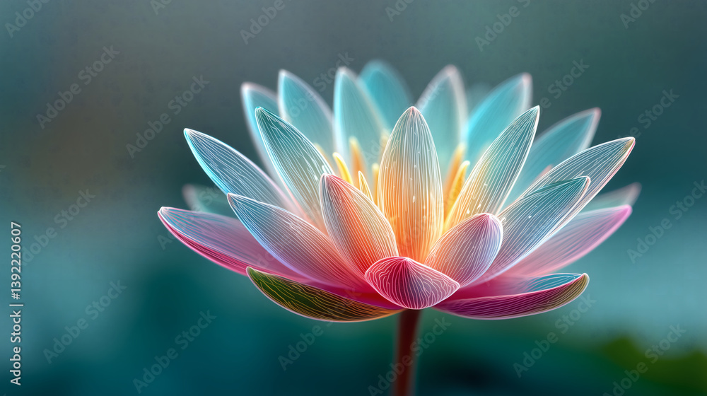 Fototapeta premium An abstract illustration of a lotus flower with translucent, colorful petals and intricate line details against a soft teal and green background.