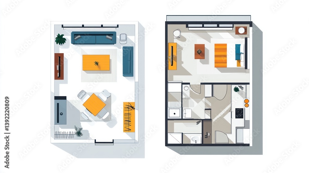 Apartment Floor Plans, Top View, Interior Design, Modern Living Spaces, Suitable for Real Estate, Home Staging, or Design Portfolio Apartment Floor Plans, Top View, Interior Design, Modern Living Spaces, Suitable for Real Estate, Home Staging, or Design Portfolio