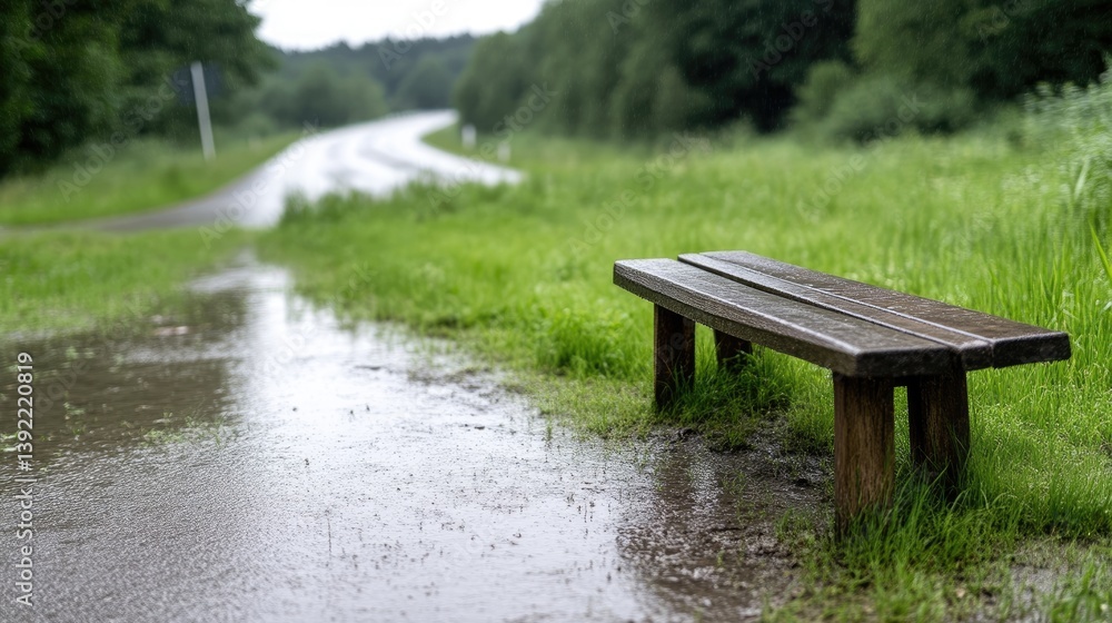 Fototapeta premium Wooden park bench by a flooded path in a rainy forest