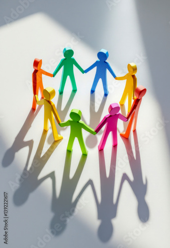 Colorful paper chain dolls standing in circle with long shadows, symbolizing teamwork and diversity