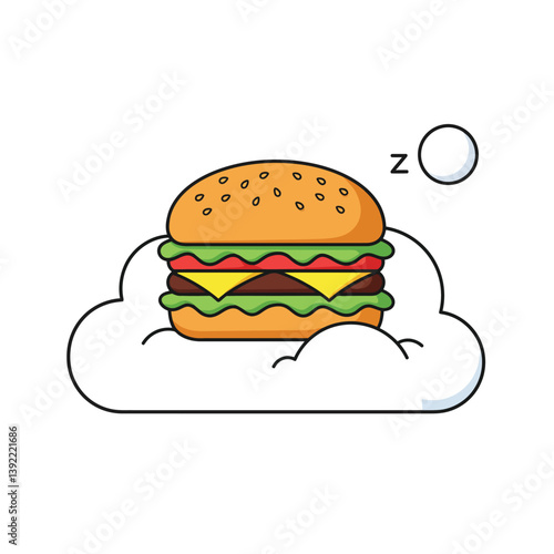 Hamburger resting on clouds with minimal design elements in vector art style vector illustration