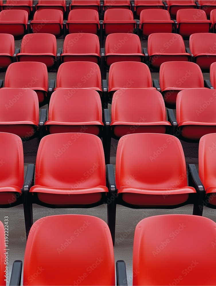 Obraz premium Red Stadium Seats: Rows of empty, vibrant red stadium seats, creating a visually captivating pattern and waiting to be filled with excited spectators for the next big event.