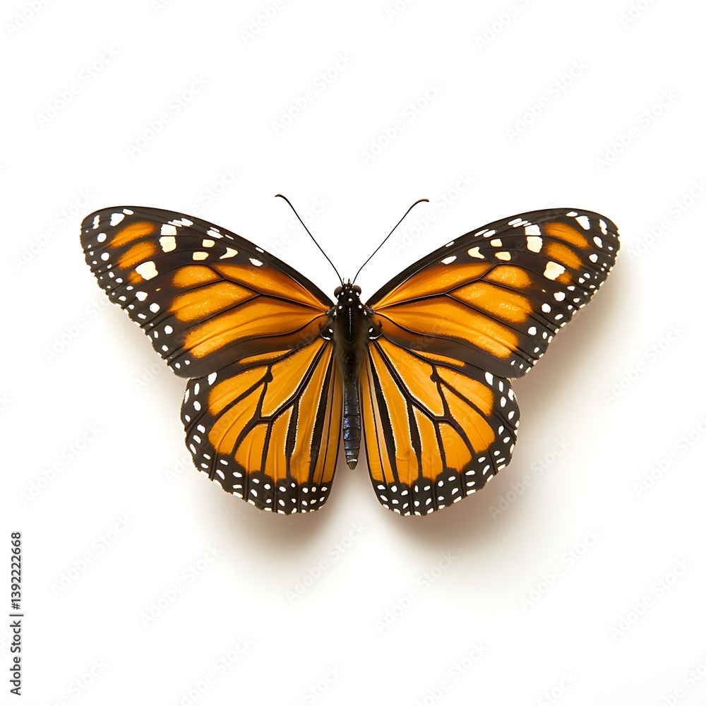 Fototapeta premium Isolated monarch butterfly, wings spread, on a white background. Possible use science illustration