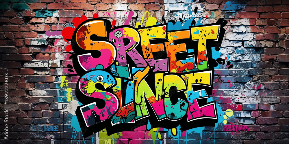 Fototapeta premium Vibrant Graffiti Art Depicting Street Slang On A Textured Brick Wall Background