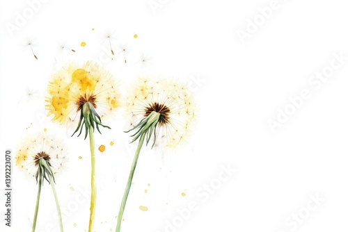 Watercolor painting depicts several dandelion seed heads on white