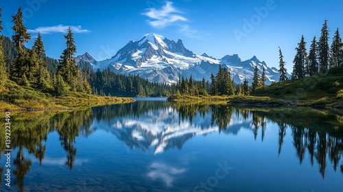 Mountain lake reflection, forest, sunrise, calm, scenic, nature, travel poster