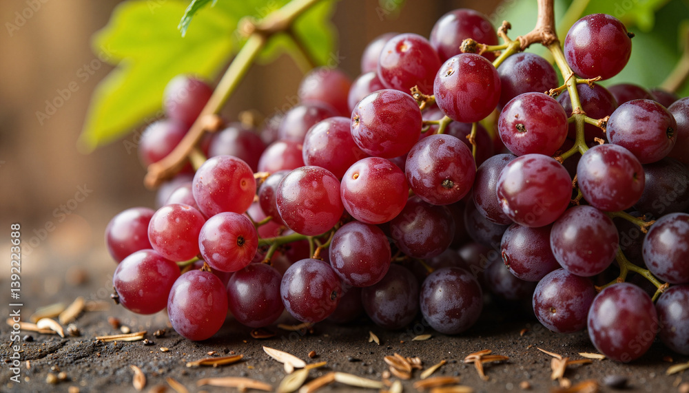 Obraz premium Fresh red grapes arranged on rustic wooden background -