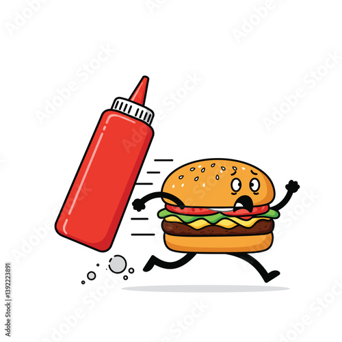 Hamburger character running away from ketchup bottle in vibrant flat vector art
