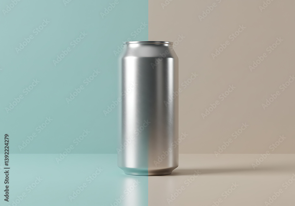 Stock photo of silver aluminum soda can mockup on pastel background Stock photo of silver aluminum soda can mockup on pastel background