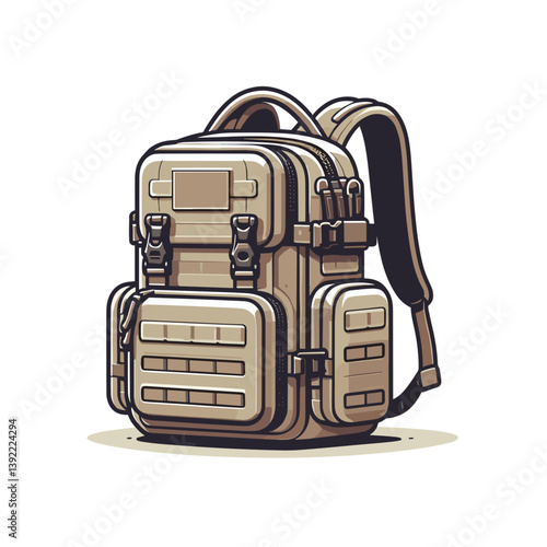 Tactical military backpack in khaki color. Perfect for army-themed designs, survival game interfaces, or outdoor equipment illustrations.