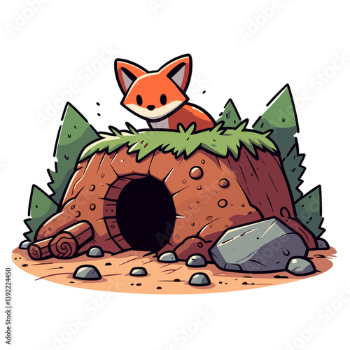 Red fox on top of hollow tree trunk in forest. Ideal for wildlife illustrations, children's stories, nature conservation themes, or woodland animal educational content.
