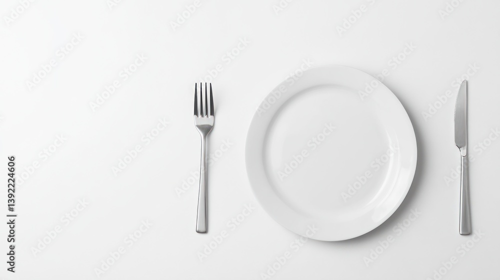 Empty white plate, fork, and knife on white background. Ready for food. Stock photo use Empty white plate, fork, and knife on white background. Ready for food. Stock photo use