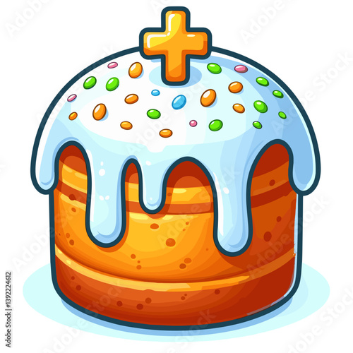 Easter cake with white frosting and colorful sprinkles. Perfect for holiday baking, celebration desserts and religious tradition illustrations.